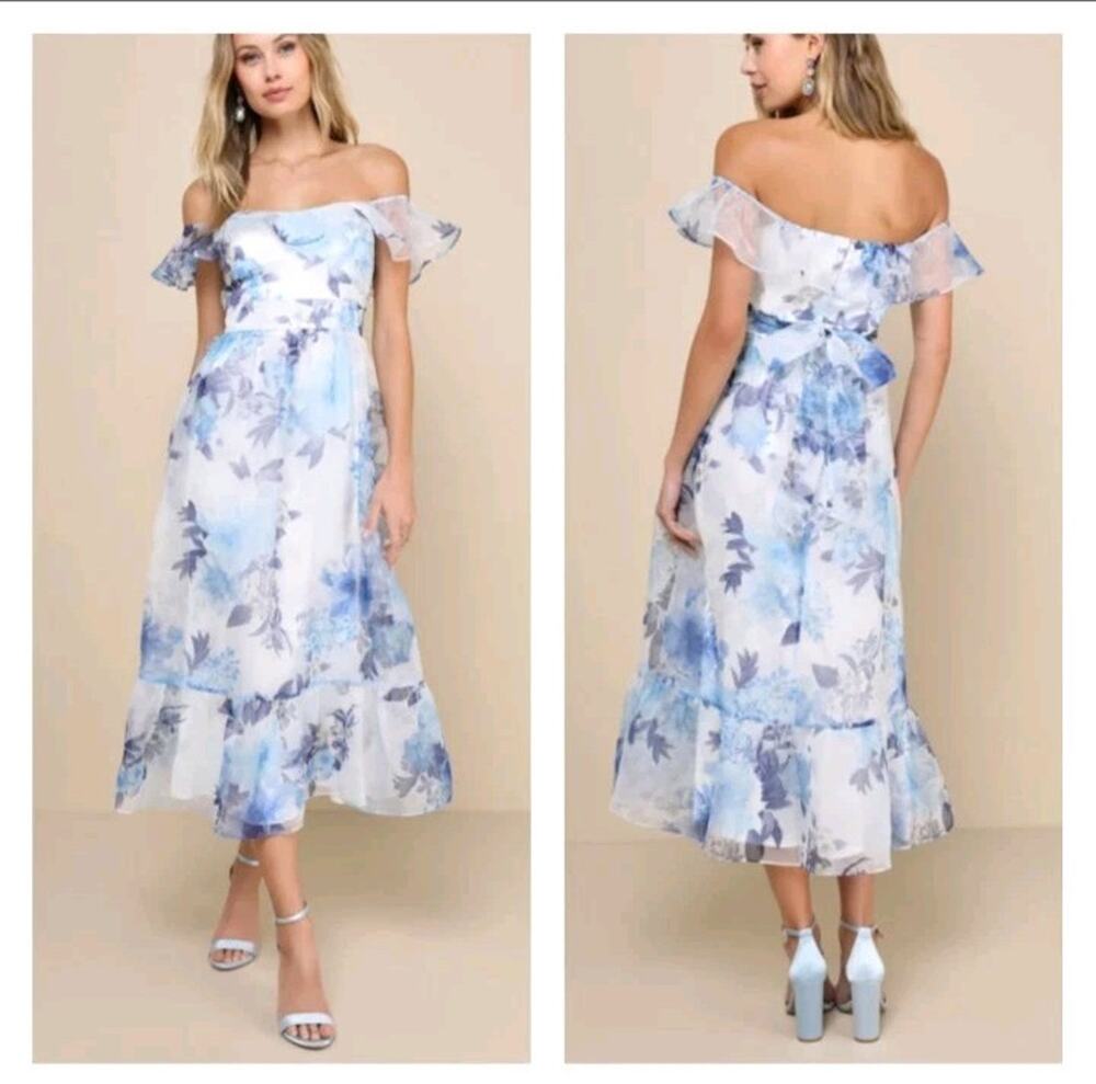 Lulus Sweet Composure White Blue Floral Organza Off Shoulder Midi Dress